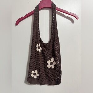 Vintage Brown Crochet Flower Tote Bag